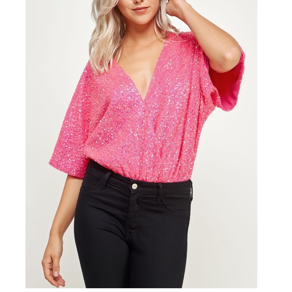 Strut & Bolt v-neck wrap pink sequin bodysuit